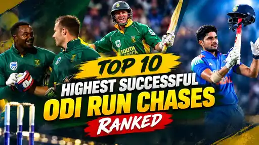 Top 10 highest successful ODI run chases ranked graphic with South Africa players celebrating in green kit and an India batter in blue holding up his helmet and bat