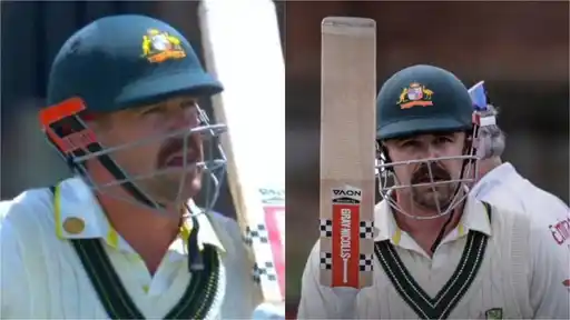 Two-frame collage of an Australian batter in a green helmet with the Australian crest and a cream cable-knit sweater, in close-up on the left and raising his bat to acknowledge applause on the right