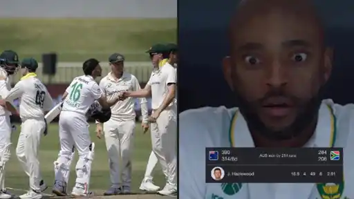 Australia’s 214-run Test win over South Africa in Durban: players shake hands on the field, beside a wide-eyed South Africa player and a scorecard graphic showing Hazlewood’s 6 wickets