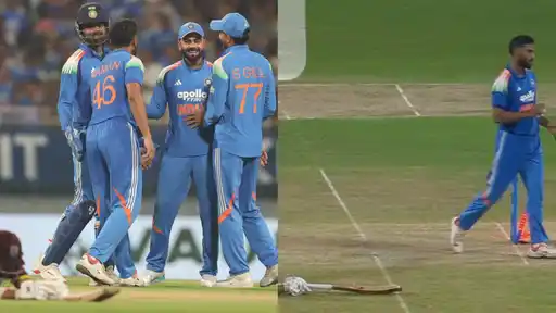 India players including Naman, shirt 46, and S Gill, shirt 77, celebrate beside a West Indies batter lying on the ground