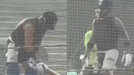 Virat Kohli seen through the nets in two side-by-side frames, practising ahead of the New Zealand ODI series