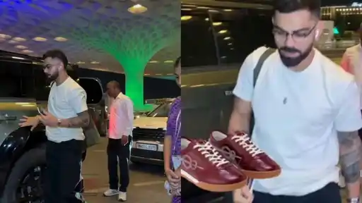 Virat Kohli at the airport reacting with a smile on seeing One8 shoes ahead of India’s ODI series against New Zealand.