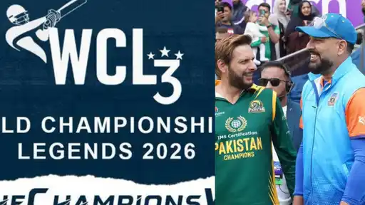 WCL 3 World Championship of Legends 2026 logo beside a Pakistan Champions player in a green jersey smiling with an India Champions player in a blue jersey