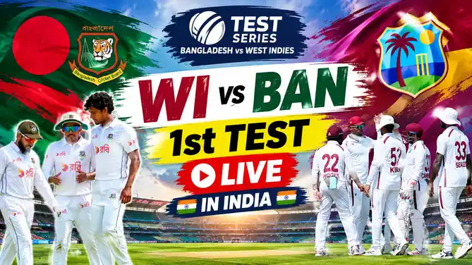 Graphic showing how to watch the West Indies vs Bangladesh 1st Test 2026 live in India, with date, 9:30 AM IST timing, Mirpur venue and live streaming details