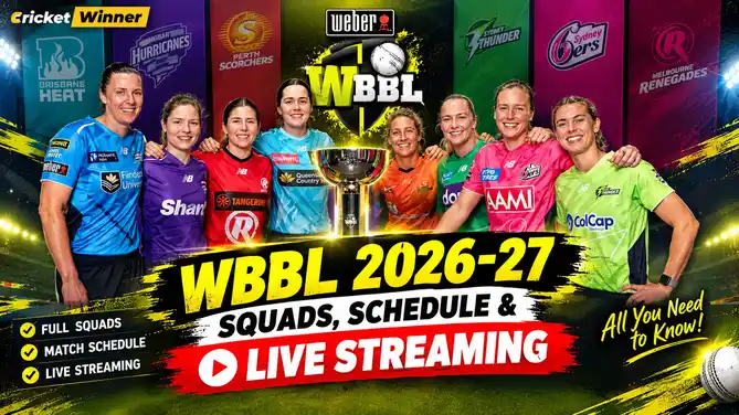 Graphic showing Women’s Big Bash League (WBBL) 2026-27 squads, schedule and live streaming details, with dates, teams and where to watch in India