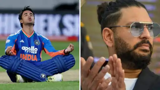 Abhishek Sharma celebrating his century against New Zealand in the 3rd T20I as Yuvraj Singh teases him on social media