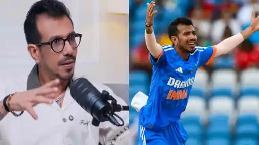 Yuzvendra Chahal: speaking into a microphone in a podcast-style interview on the left, and in India’s blue jersey with arms raised in an appeal on the right