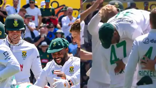 Simon Harmer lifting South Africa captain Temba Bavuma in celebration after dismissing Cameron Green in the third Test vs Australia