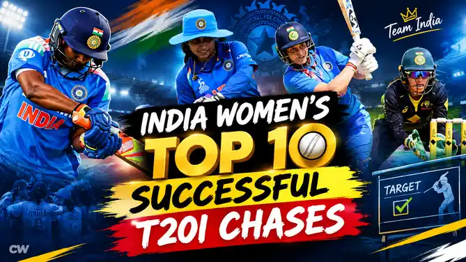 Graphic ranking India women’s top 10 successful T20I run chases with the target, opponent and venue for each